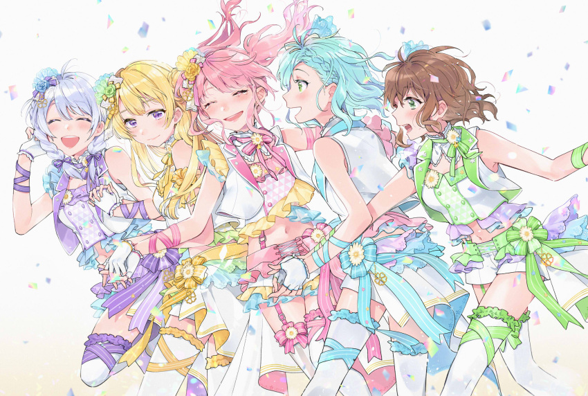 5girls :d ^_^ bang_dream! bangs blonde_hair blue_ribbon blush braid brown_hair closed_eyes closed_mouth confetti crop_top feet_out_of_frame fingerless_gloves frilled_legwear frilled_shirt frilled_skirt frills gloves green_eyes green_ribbon hair_ornament highres hikawa_hina holding_hands idol interlocked_fingers karuha light_blue_hair long_hair looking_at_another maruyama_aya miniskirt multiple_girls navel neck_ribbon open_mouth pastel_palettes pink_hair pink_ribbon purple_eyes purple_ribbon ribbon shirasagi_chisato shirt short_hair shorts sidelocks silver_hair skirt sleeveless smile stomach suspender_shorts suspender_skirt suspenders swept_bangs tears thighhighs twin_braids twintails vest wakamiya_eve walking white_background white_gloves white_legwear white_shorts white_vest yamato_maya yellow_ribbon zettai_ryouiki