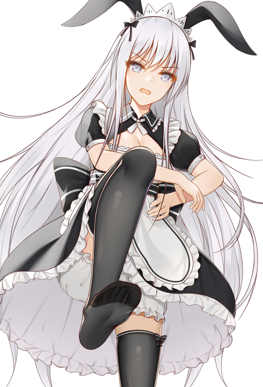 1girl animal_ears apron bangs black_bow black_dress black_legwear blue_eyes bow breasts bunny_ears cleavage commentary_request dress eyebrows_visible_through_hair fake_animal_ears flan_(seeyouflan) foot_out_of_frame frills hair_bow hand_on_hip highres long_hair looking_at_viewer maid_apron maid_headdress medium_breasts no_shoes open_mouth original petticoat puffy_short_sleeves puffy_sleeves short_sleeves silver_hair simple_background soles solo standing standing_on_one_leg thighhighs toes very_long_hair waist_apron white_apron white_background white_bloomers white_headwear white_neckwear