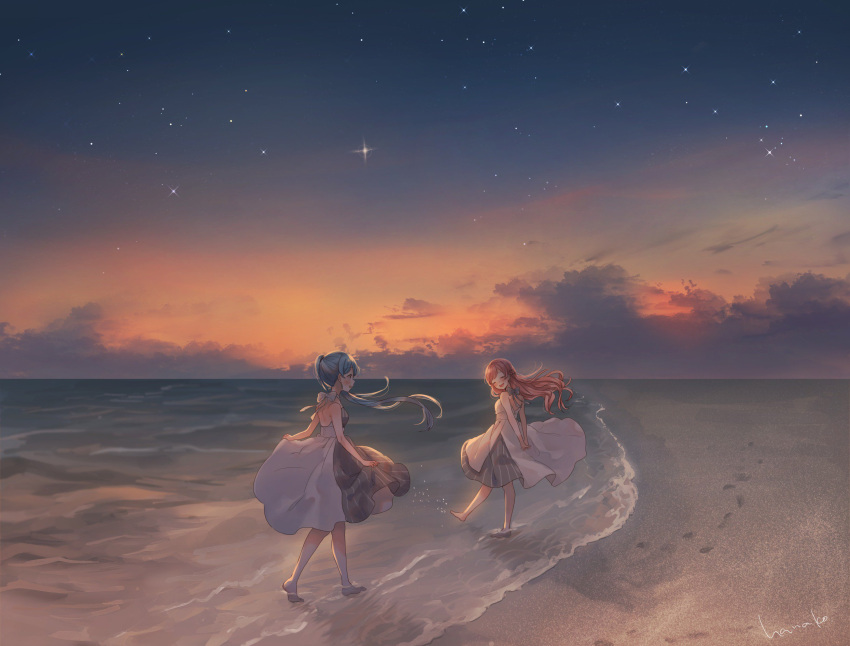 2girls arms_behind_back bare_legs barefoot beach blue_hair blush bow bow_dress cloud diffraction_spikes dress floating_hair footprints hanako151 hatsune_miku highres long_hair looking_at_another megurine_luka multiple_girls ocean open_mouth outdoors red_hair signature skirt_hold sky smile splashing star_(sky) starry_sky striped sunset twintails vertical-striped_dress vertical_stripes vocaloid white_bow white_dress