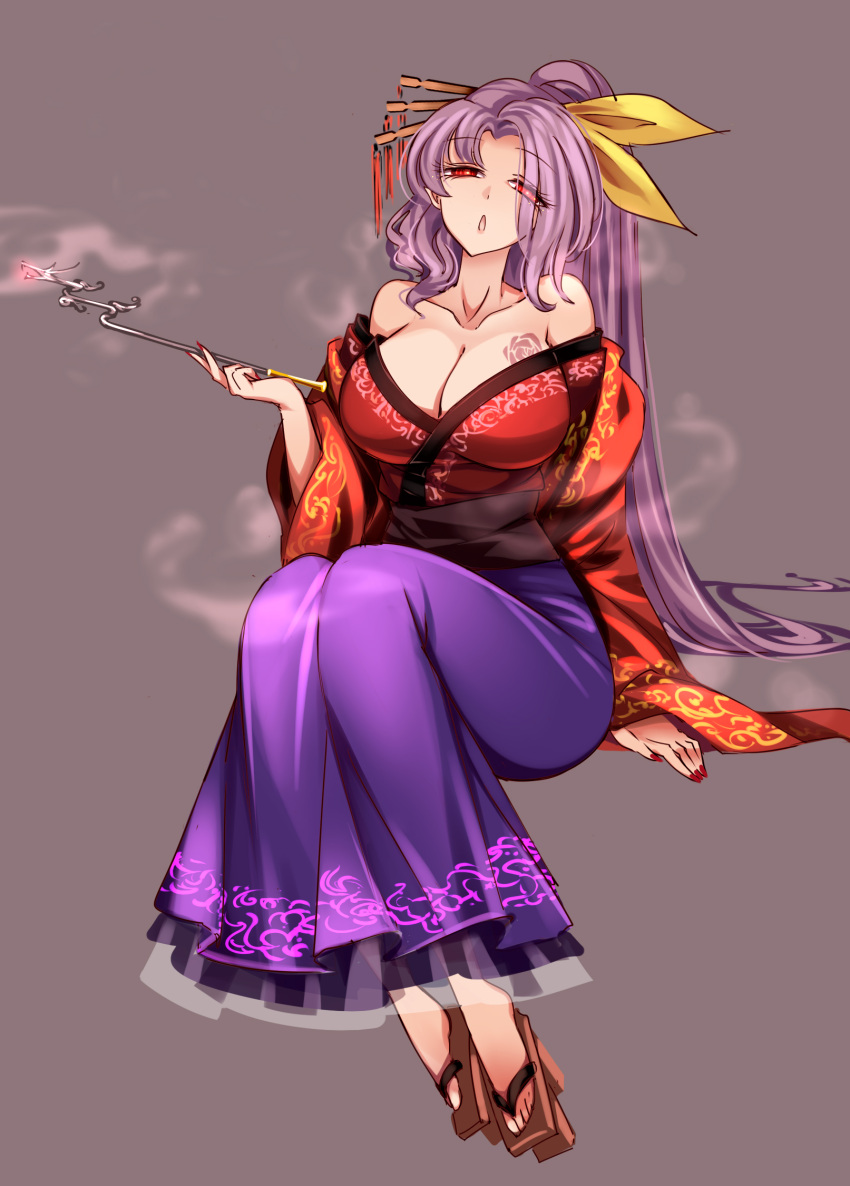 1girl :o blowing_smoke breasts cleavage collarbone dress full_body geta grey_background highres holding holding_pipe japanese_clothes kimono kiseru komakusa_sannyo large_breasts long_hair long_sleeves looking_at_viewer open_mouth pipe purple_dress purple_hair raptor7 red_eyes red_kimono red_nails ribbon sandals simple_background sitting skirt solo tattoo tobacco touhou yellow_ribbon