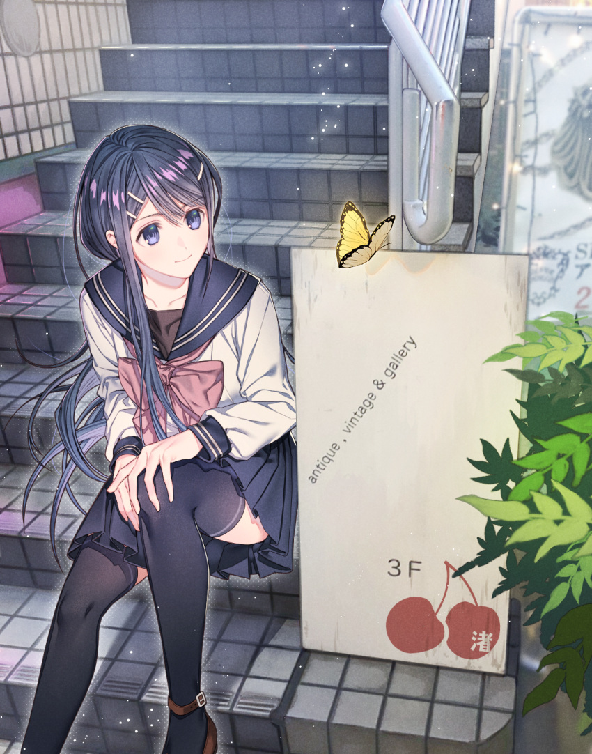 bangs bench black_legwear black_sailor_collar blue_eyes bow brown_footwear bug butterfly cherry_print closed_mouth collarbone commentary_request danganronpa:_trigger_happy_havoc danganronpa_(series) food_print hair_ornament hairclip hand_on_own_knee highres insect knee_up looking_at_animal maizono_sayaka miniskirt nagisa_no_cherii outdoors pink_bow pleated_skirt sailor_collar school_uniform serafuku shirt shoes sign sitting sitting_on_stairs skirt solo stairs thighhighs tile_floor tiles