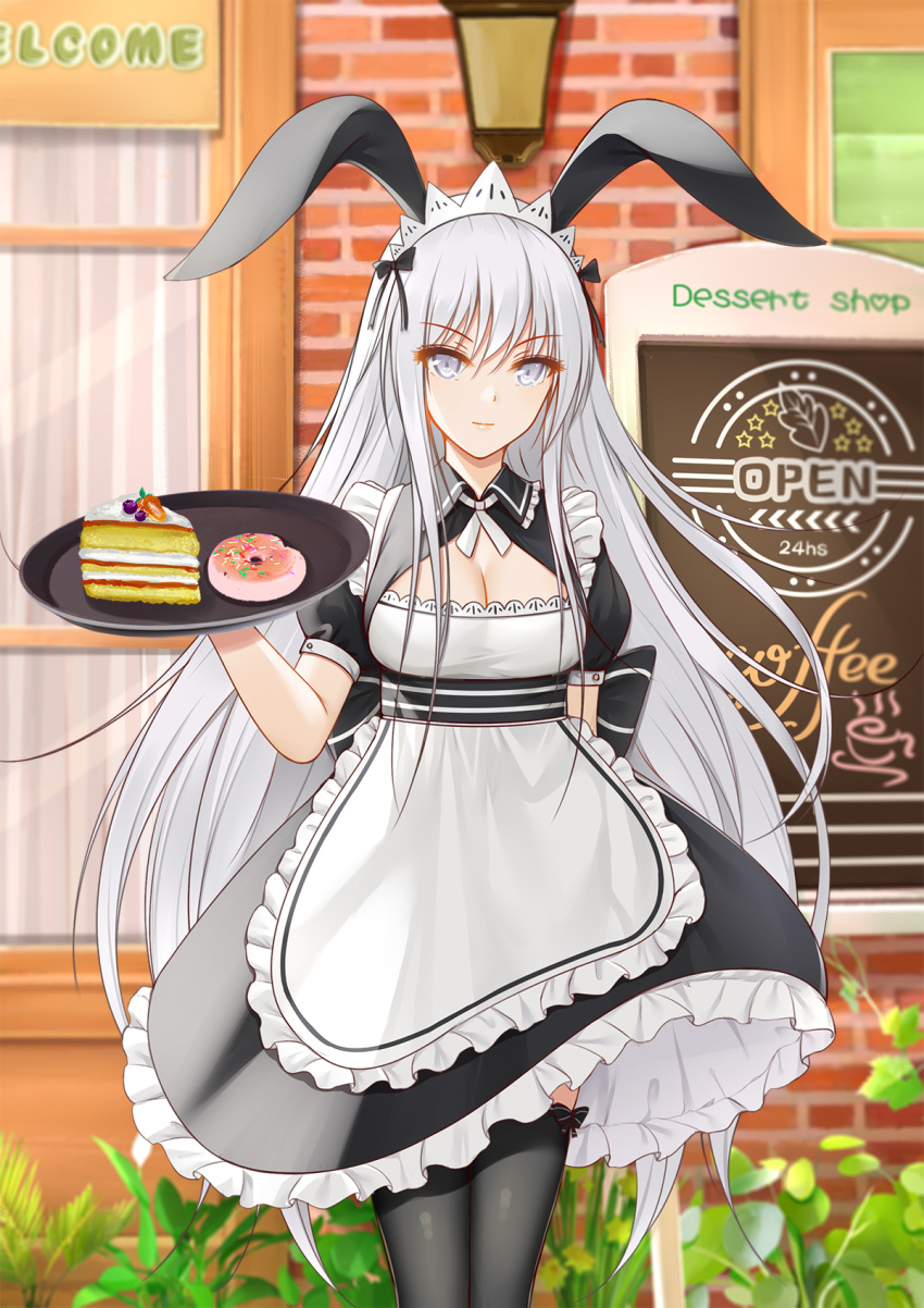 1girl animal_ears apron bangs black_bow black_dress black_legwear blue_eyes bow breasts brick_wall cake cake_slice cleavage closed_mouth commentary_request doughnut dress eyebrows_visible_through_hair fake_animal_ears feet_out_of_frame flan_(seeyouflan) food hair_bow hand_up highres holding holding_tray light_smile long_hair looking_at_viewer maid_apron maid_headdress medium_breasts original outdoors petticoat plant puffy_short_sleeves puffy_sleeves short_sleeves solo standing thighhighs tray v-shaped_eyebrows very_long_hair waist_apron white_apron white_headwear white_neckwear window