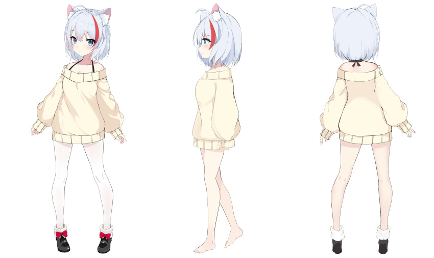 1girl :3 absurdres ahoge animal_ear_fluff animal_ears bare_legs bare_shoulders barefoot beige_sweater blue_eyes breasts closed_mouth from_behind from_side full_body highlights highres light_blue_hair long_sleeves multicolored_hair no_pants original pantyhose red_hair shoes short_hair sleeves_past_wrists sweater white_legwear xiao_dao_jun