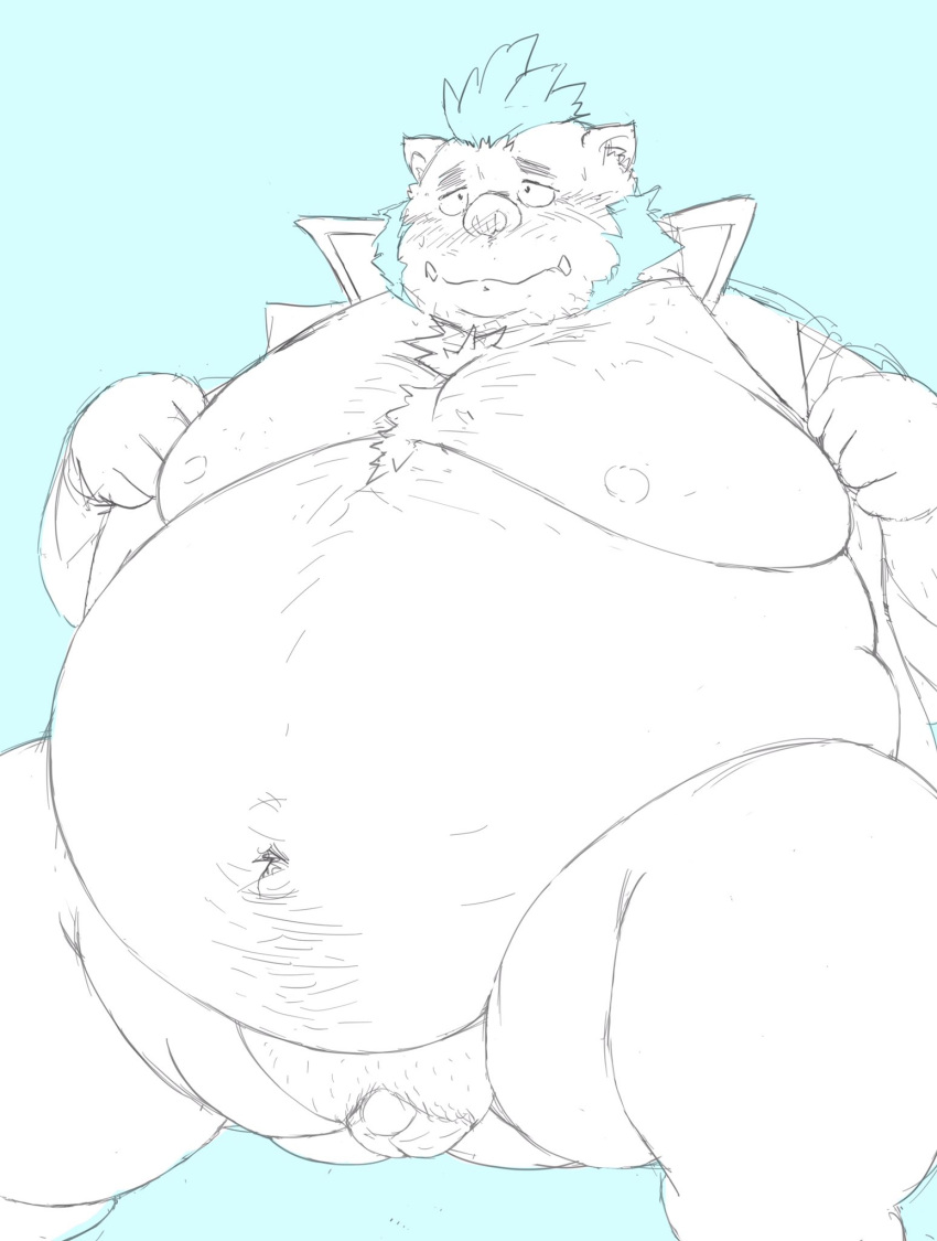 2021 anthro balls belly blue_background blue_hair doguma-sin genitals gouryou hair hi_res kemono male mammal micropenis moobs nipples obese obese_male overweight overweight_male penis simple_background small_penis solo suid suina sus_(pig) tokyo_afterschool_summoners video_games wild_boar