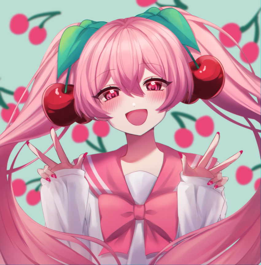 1girl :d absurdres alternate_color bangs blush bow cherry_background cherry_hair_ornament commentary double_w eyebrows_visible_through_hair food_themed_hair_ornament hair_ornament hatsune_miku highres kenouo long_hair long_sleeves looking_at_viewer nail_polish open_mouth pink_bow pink_hair pink_sailor_collar red_nails sailor_collar sakura_miku shirt smile solo symbol_commentary twintails upper_body very_long_hair vocaloid w