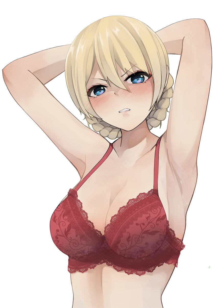 1girl armpits arms_behind_head blonde_hair blue_eyes blush bra braid breasts cleavage collarbone darjeeling_(girls_und_panzer) eyebrows_visible_through_hair frilled_bra frills girls_und_panzer glaring highres kakimoto_nao large_breasts lingerie looking_at_viewer parted_lips red_bra scowl simple_background solo underwear upper_body white_background