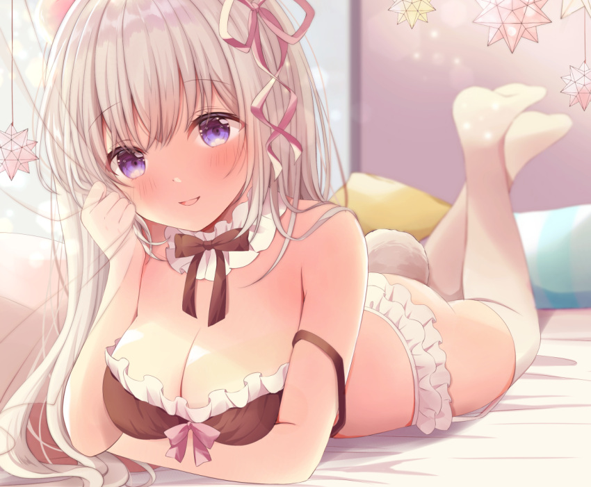 animal_ears ass blush cropped long_hair original purple_eyes tagme_(artist) tail thighhighs white_hair