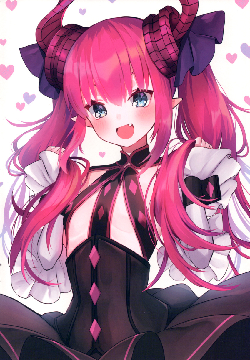 1girl absurdres blue_eyes blush breasts curled_horns detached_sleeves dragon_horns elizabeth_bathory_(fate) elizabeth_bathory_(fate)_(all) eyebrows_visible_through_hair fang fate/extra fate/extra_ccc fate/grand_order fate_(series) hair_between_eyes hair_ribbon happy highres horns long_hair long_sleeves looking_at_viewer open_mouth pink_hair pointy_ears purple_ribbon ribbon scan small_breasts smile solo suzuho_hotaru two_side_up white_sleeves