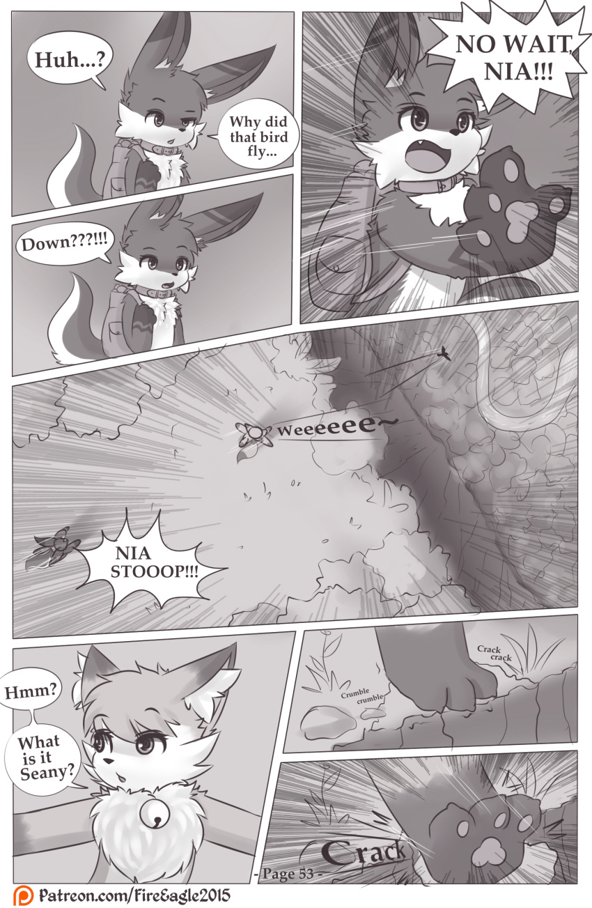 ambiguous_gender anthro avian backpack bell bird canid canine collar comic doujinshi english_text forrest_(disambiguation) fox hi_res iradeon mammal nia_(senz) river sean_(senz) senz text url