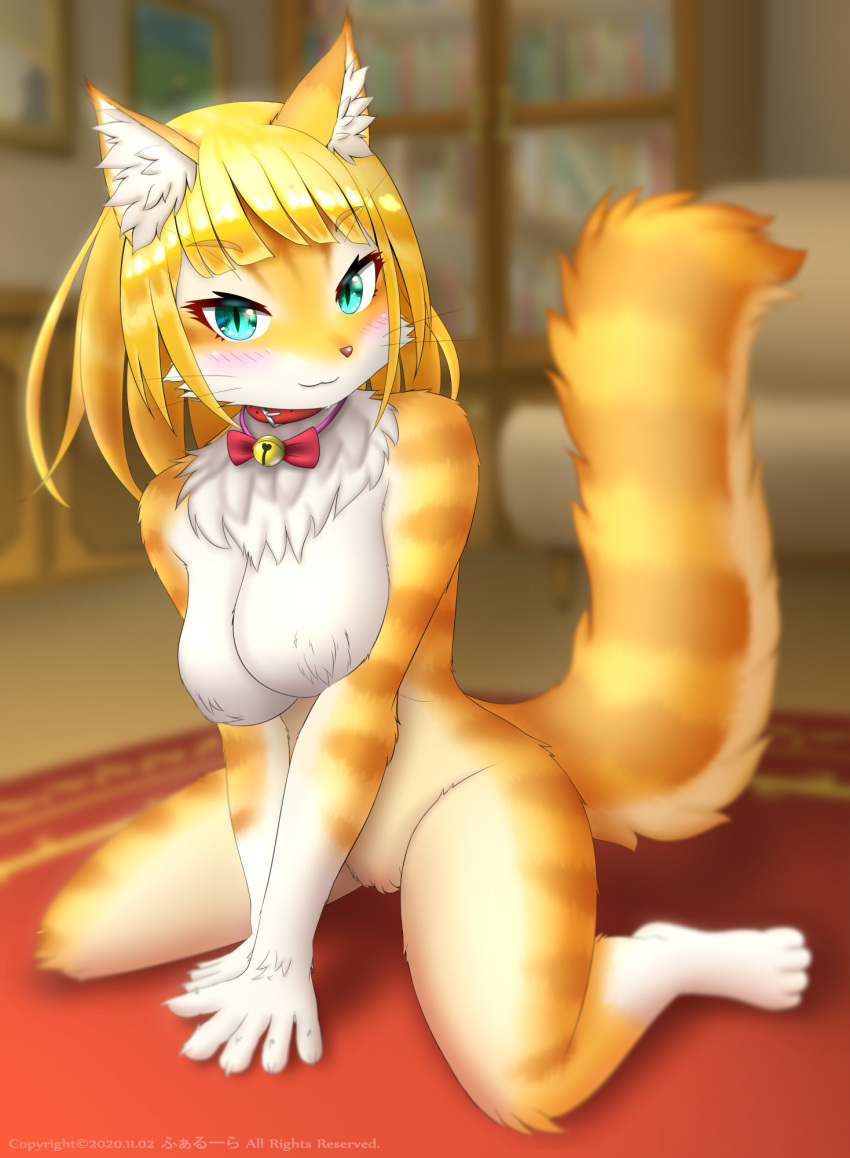 4_toes 5_fingers anthro bell blonde_hair blush collar collar_only faroula_twitt feet felid feline female fingers fluffy fluffy_tail fur glistening glistening_hair hair hi_res inner_ear_fluff kneeling looking_at_viewer mammal naturally_censored nipple_tuft nude orange_body orange_fur pink_nose pupils slit_pupils smile solo teal_eyes toes tuft white_body white_fur