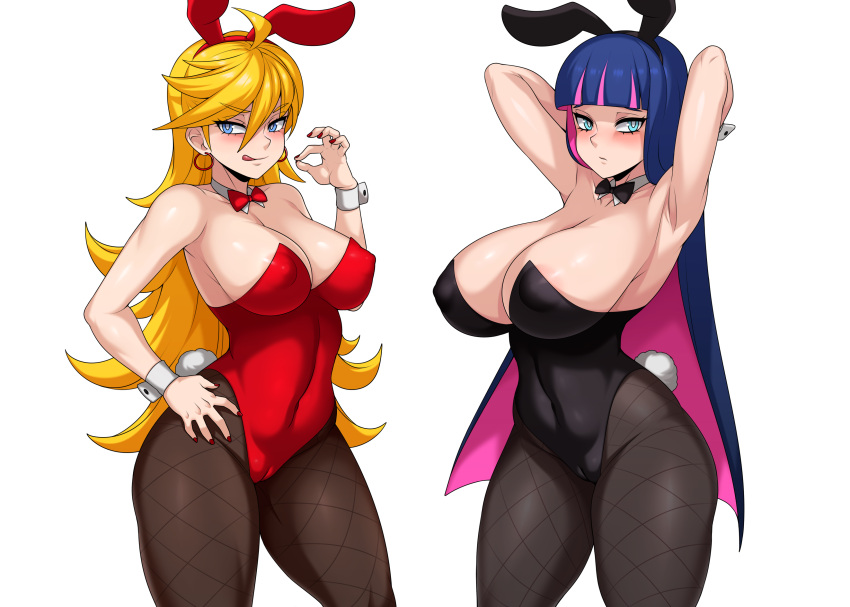 2girls animal_ears aqua_eyes blonde_hair blue_eyes blue_hair bow breasts bunny_ears bunnygirl cameltoe cleavage erect_nipples headband jmg leotard long_hair panty_&amp;_stocking_with_garterbelt panty_(character) pantyhose skintight stocking_(character) tail third-party_edit white wristwear