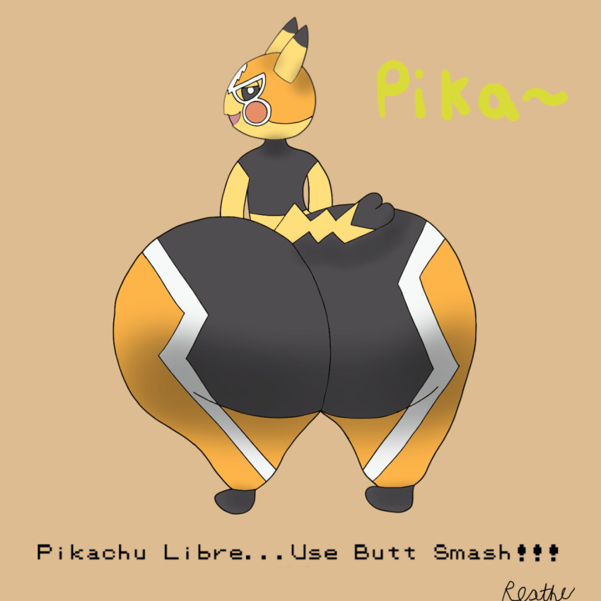 1:1 anthro big_butt butt clothing cosplay_pikachu_(costume) cute_face female hi_res huge_butt hyper hyper_butt looking_back nintendo pikachu pikachu_libre pok&eacute;mon pok&eacute;mon_(species) reathe smile smirk solo suit thick_thighs tight_clothing video_games