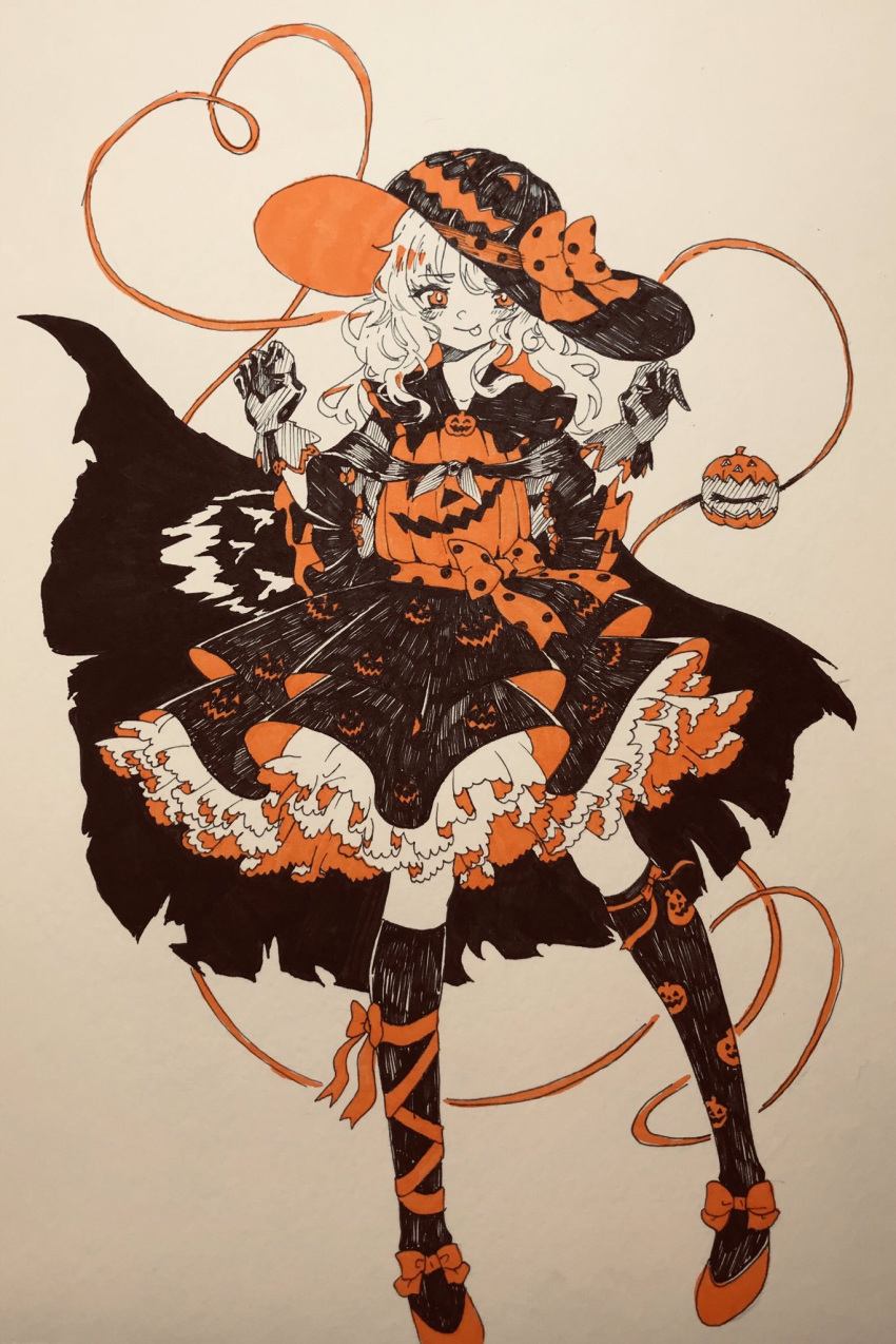 1girl adapted_costume anderson_m0311 black_legwear bow cape food_themed_hair_ornament frilled_shirt_collar frilled_sleeves frills gloves hair_ornament halloween halloween_costume hat hat_bow hat_ribbon heart heart_of_string highres jack-o'-lantern komeiji_koishi looking_at_viewer medium_hair orange_eyes photo_(medium) pumpkin pumpkin_hair_ornament pumpkin_hat ribbon spot_color standing tongue tongue_out touhou traditional_media wavy_hair white_background witch_hat