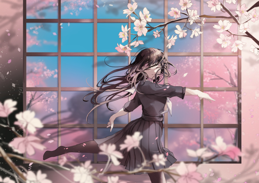 1girl ballet black_hair black_legwear blurry blurry_foreground branch cherry_blossoms closed_eyes cowboy_shot dancing floating_hair flower light_particles light_smile long_hair no_shoes original outdoors pantyhose petals pleated_skirt reflection sakuragi_kei school_uniform serafuku shadow skirt sky solo spring_(season) wind window