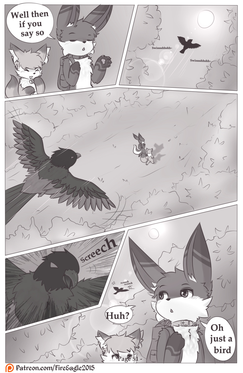 ambiguous_gender anthro avian backpack bell bird canid canine collar comic doujinshi forrest_(disambiguation) fox hi_res iradeon mammal nia_(senz) sean_(senz) senz sun text url