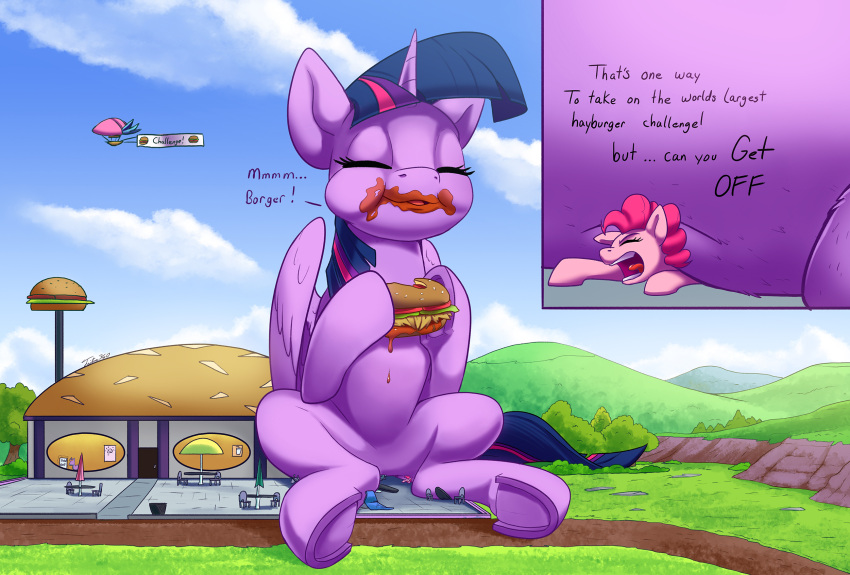 aircraft airship dialogue eating english_text equid equine eyes_closed food friendship_is_magic hair hasbro hi_res hooves horn horse ketchup macro mammal my_little_pony open_mouth pinkie_pie_(mlp) pony purple_hair text tomato_sauce tsitra360 twilight_sparkle_(mlp) winged_unicorn wings