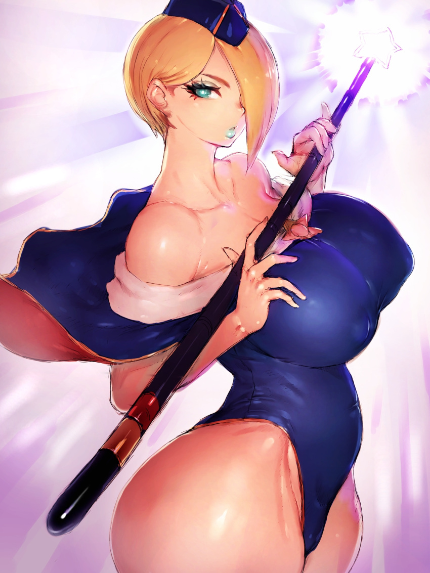 bare_shoulders blonde_hair blue_eyes blue_lips breasts collarbone falke_(street_fighter) fumio_(rsqkr) hair_over_one_eye highres large_breasts lipstick makeup street_fighter street_fighter_v thick_thighs thighs