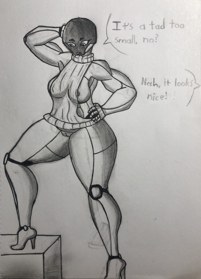 absurd_res arms_bent bent_leg bottomless bottomless_female breasts clothed clothing curvaceous curvy_figure dialogue female graphite_(artwork) hand_on_head hand_on_hip hand_on_own_head hand_on_own_hip hi_res high_heels holding_head holding_hips humanoid justansalt kentrell looking_at_self looking_down machine muscular muscular_female pencil_(artwork) raised_arm raised_hand robot screen screen_face solo step_pose straight_leg sweater synthetic thick_thighs topwear traditional_media_(artwork) voluptuous wide_hips