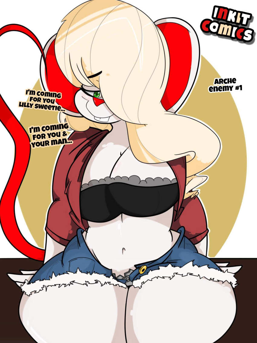 2019 3:4 anthro big_breasts blonde_hair bottomwear breasts cleavage clothed clothing curvy_figure dialogue digital_media_(artwork) english_text female fur green_eyes hair hi_res hotpants hourglass_figure huge_breasts inkit89 jacket looking_at_viewer mammal mouse murid murine pants_unzipped reverse_lilly_(inkit89) rodent shorts simple_background sitting smile solo talking_to_viewer teeth text thick_thighs topwear tube_top voluptuous white_body white_fur wide_hips zipper