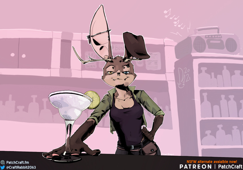 alcohol anthro antlers bartender beverage clothing craft_rabbit craft_rabbit_(artist) cryptid female floppy_ears hi_res horn jackalope jacket lagomorph mammal patchcraft piercing pouch_(disambiguation) solo topwear