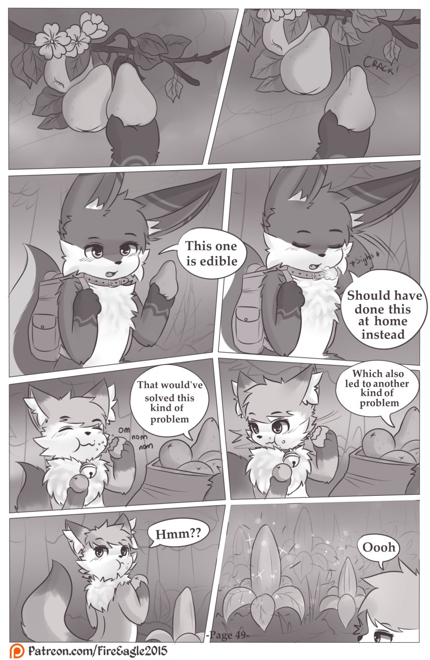 ambiguous_gender anthro backpack bell canid canine collar comic doujinshi duo eating english_text flower food forrest_(disambiguation) fox fruit hi_res iradeon mammal nia_(senz) plant sean_(senz) senz text url