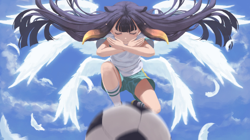 1girl alternate_costume ball bangs blue_sky blunt_bangs closed_eyes commentary_request crossed_arms hololive hololive_english inazuma_eleven inazuma_eleven_(series) laing long_hair mole multiple_wings ninomae_ina'nis purple_hair seraph shorts sky soccer_ball soccer_uniform solo sportswear telstar tentacle_hair virtual_youtuber white_wings wings
