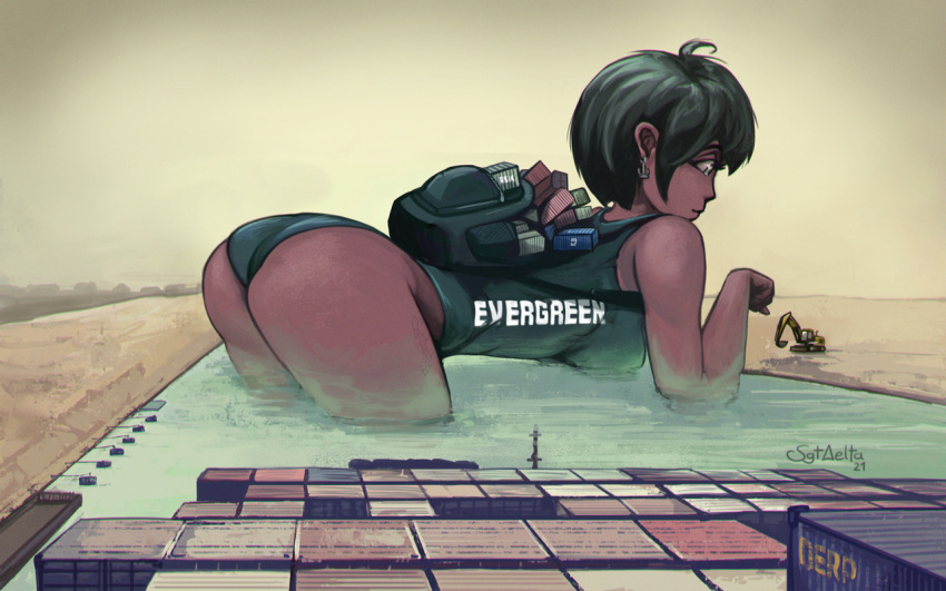 1girl 2021 all_fours anchor_earrings ass backpack bag bent_over black_hair black_swimsuit blue_eyes canal container dark_skin dark_skinned_female earrings english_commentary ever_given_(evergreen) evergreen_marine_corporation excavator giant giantess jewelry one-piece_swimsuit partially_submerged personification sgtdelta shipping_container short_hair solo_focus stuck swimsuit