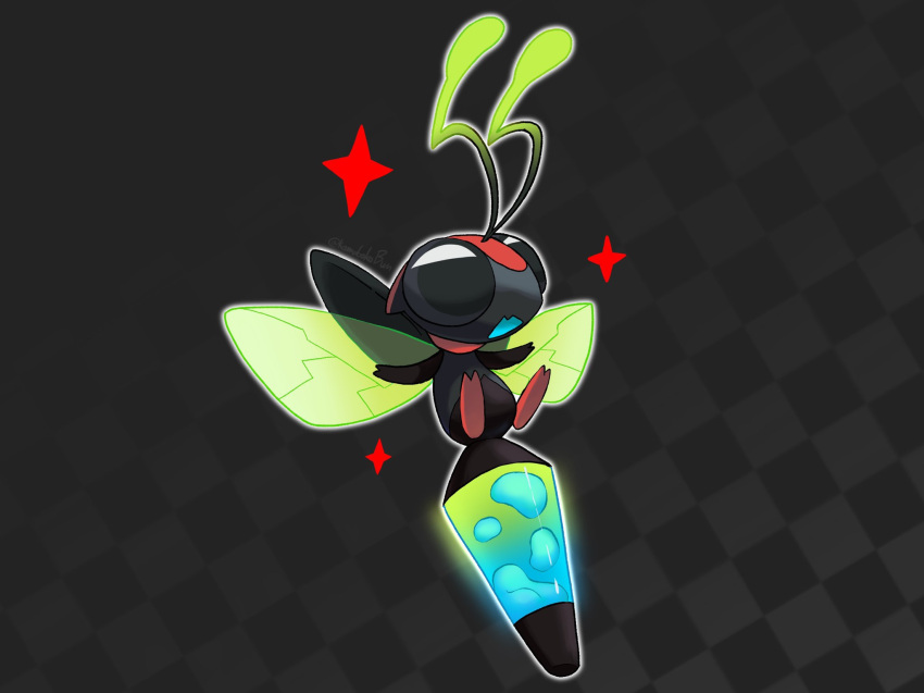 2_fingers 2_toes ambiguous_gender arthropod black_background black_body black_eyes fak&eacute;mon feet feral fingers grey_background happy hi_res kamabokobun lavampyri nintendo open_mouth pattern_background pok&eacute;mon shiny_pok&eacute;mon simple_background solo sparkles toes video_games wings