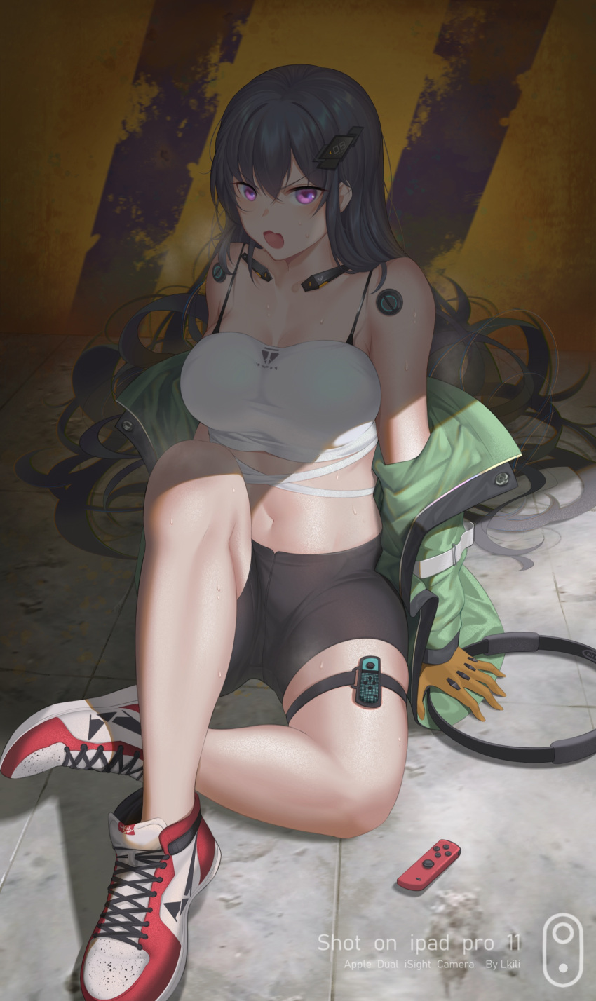 1girl absurdres bangs bare_legs bike_shorts black_hair black_shorts breasts brown_gloves camisole cleavage crop_top gloves hair_between_eyes highres joy-con knee_up l.kili large_breasts long_hair looking_at_viewer midriff navel open_mouth original purple_eyes shadow shoes shorts sitting sneakers solo spaghetti_strap stomach thighs