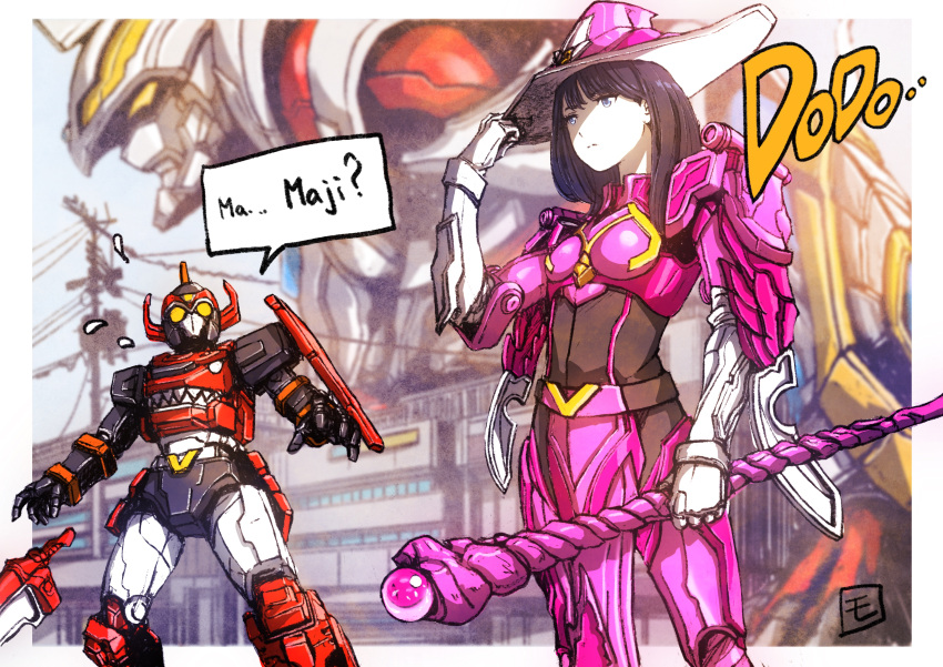 1girl 2boys absurdres armor bangs black_hair blue_eyes breasts cosplay crossover eyebrows_visible_through_hair gridman_(ssss) hat highres holding holding_staff kikai_sentai_zenkaiger mecha mecha_musume moyan multiple_boys open_hands pink_headwear procreate_(medium) science_fiction small_breasts speech_bubble ssss.gridman staff super_sentai surprised takarada_rikka witch_hat yellow_eyes zenkai_juran zenkai_magine zenkai_magine_(cosplay)