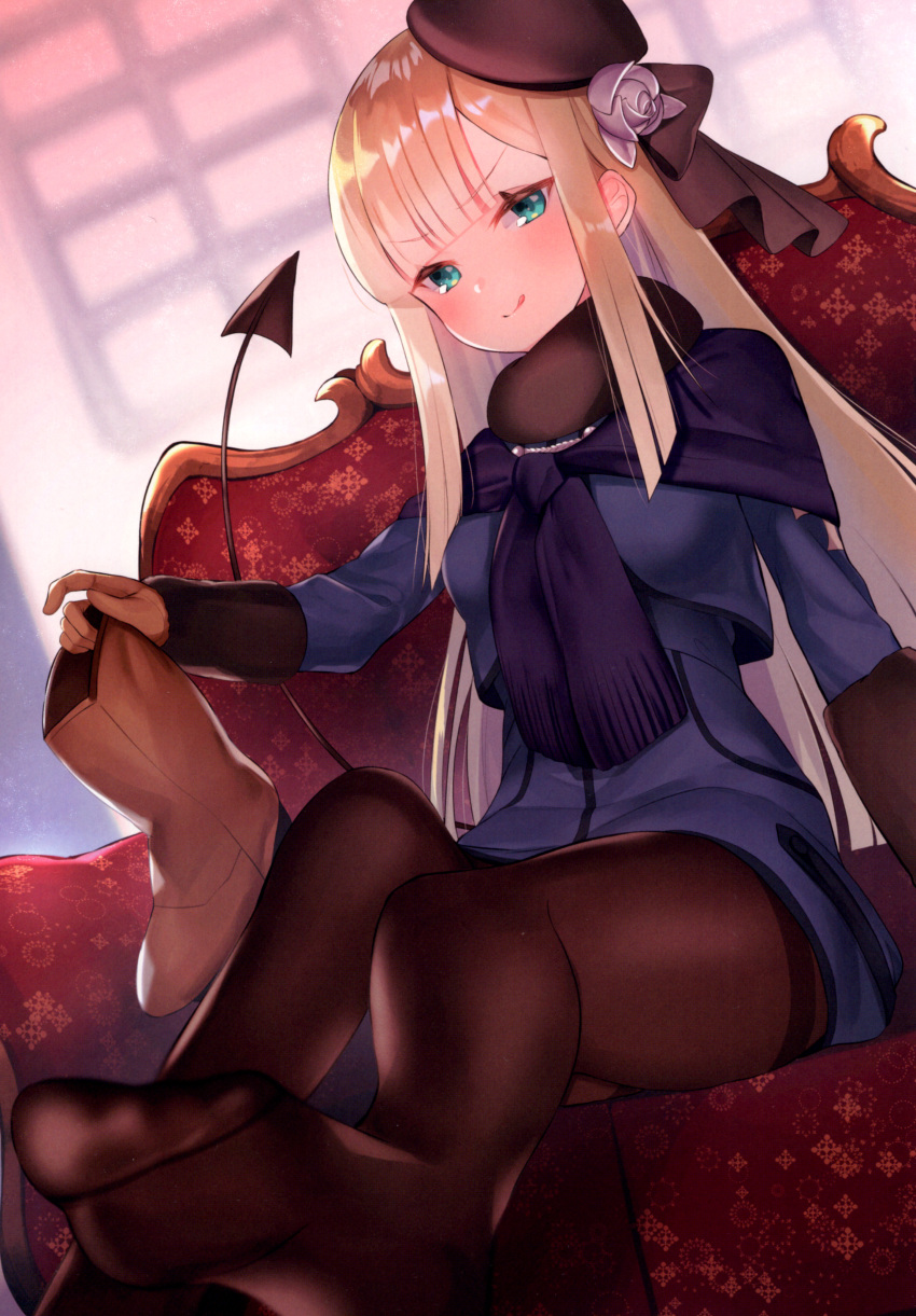 1girl absurdres arm_rest bangs beret black_legwear blonde_hair blue_dress blue_eyes blunt_bangs blush boots brown_gloves brown_legwear capelet demon_tail dress fate_(series) gloves grin hat head_rest highres hime_cut licking_lips long_hair long_sleeves looking_at_viewer lord_el-melloi_ii_case_files naughty_face on_chair pantyhose pencil_dress reines_el-melloi_archisorte scan scarf shoes_on_hands shoes_removed sidelocks sitting smile solo straight_hair suzuho_hotaru tail tongue tongue_out