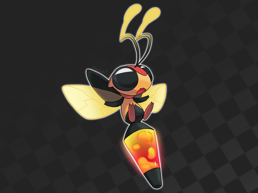 2_fingers 2_toes ambiguous_gender arthropod black_background black_eyes fak&eacute;mon feet feral fingers grey_background happy hi_res kamabokobun lavampyri nintendo open_mouth orange_body pattern_background pok&eacute;mon simple_background solo toes video_games wings