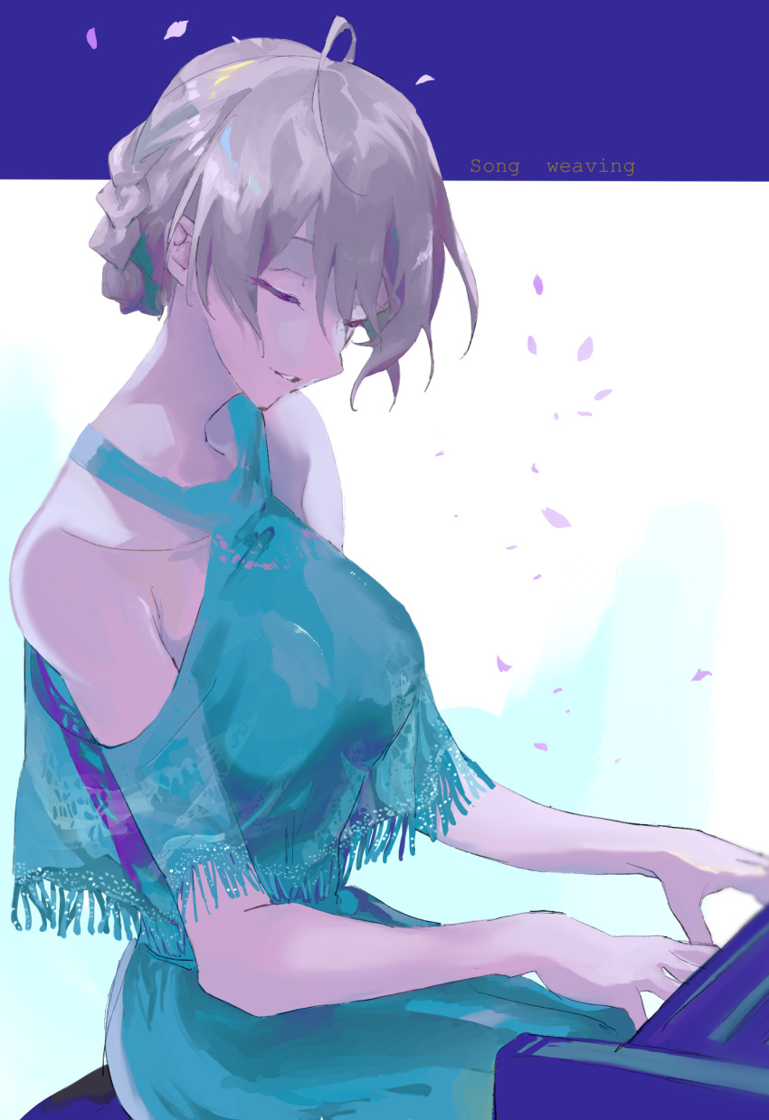 1girl ahoge bare_shoulders braid breasts cherry_blossoms closed_eyes crown_braid dress fringe_trim gradient gradient_background green_dress halter_dress halterneck highres idolmaster idolmaster_million_live! idolmaster_million_live!_theater_days instrument medium_breasts music playing_instrument playing_piano sakuramori_kaori sitting sleeveless sleeveless_dress smile solo takashi_(cry_191)