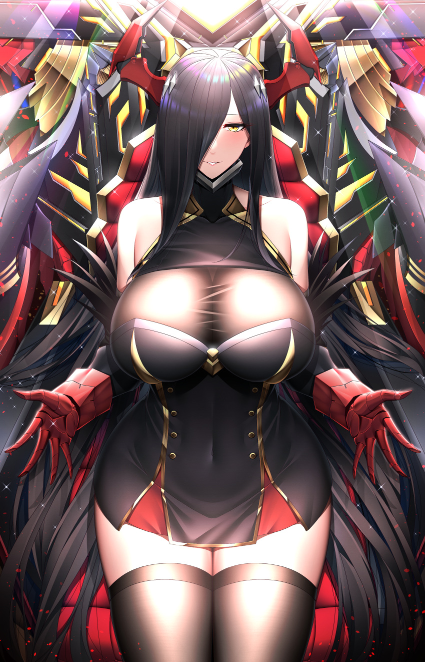 1girl absurdres azur_lane black_dress black_hair black_legwear breasts buttons cleavage collarbone covered_navel dress elbow_gloves friedrich_der_grosse_(azur_lane) gloves hair_over_one_eye highres horns huge_breasts huge_filesize long_hair looking_at_viewer mechanical_horns obei_teitoku parted_lips see-through_dress shiny shiny_hair sidelocks sleeveless sleeveless_dress solo thighhighs very_long_hair yellow_eyes