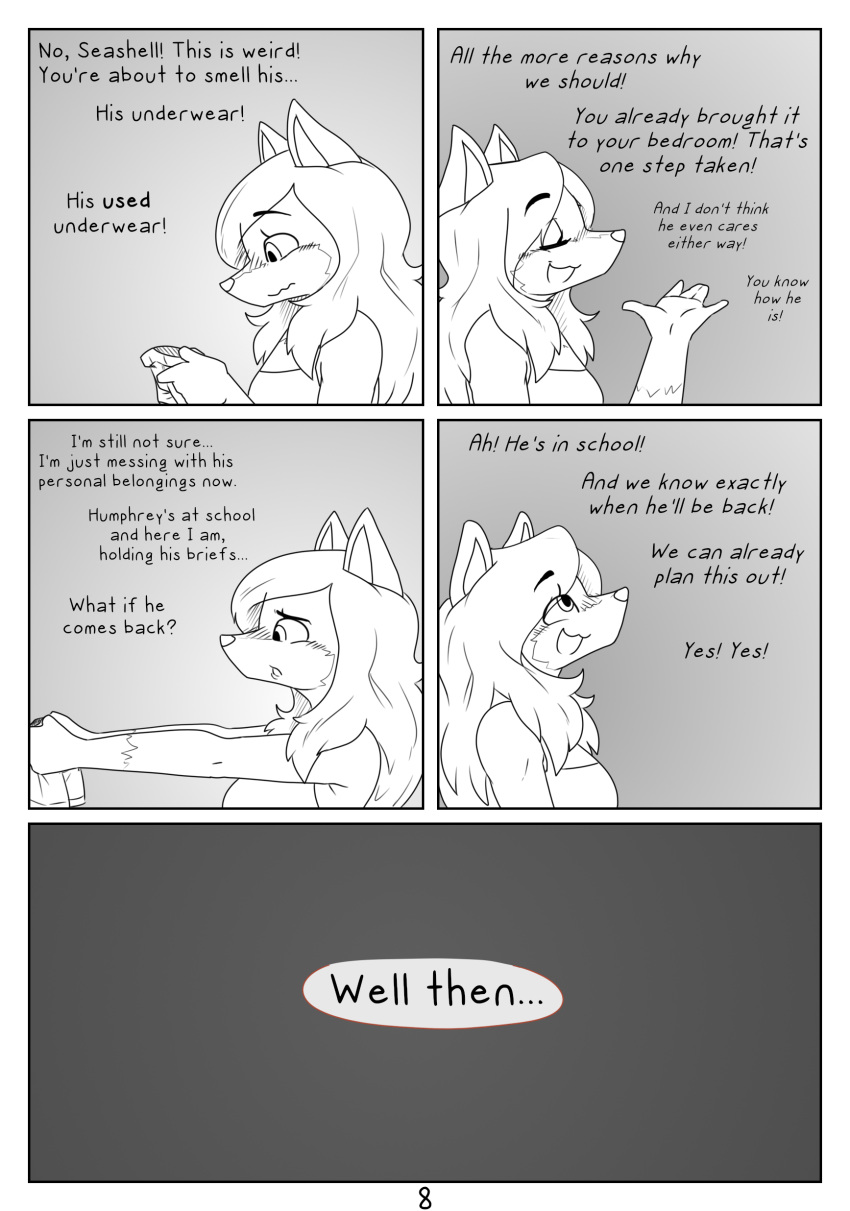 absurd_res anthro canid canine canisfidelis clothing comic dialogue english_text female hi_res holding_clothing holding_object holding_underwear internal_dialogue mammal monochrome nervous seashell_(canisfidelis) simple_background smile solo text underwear