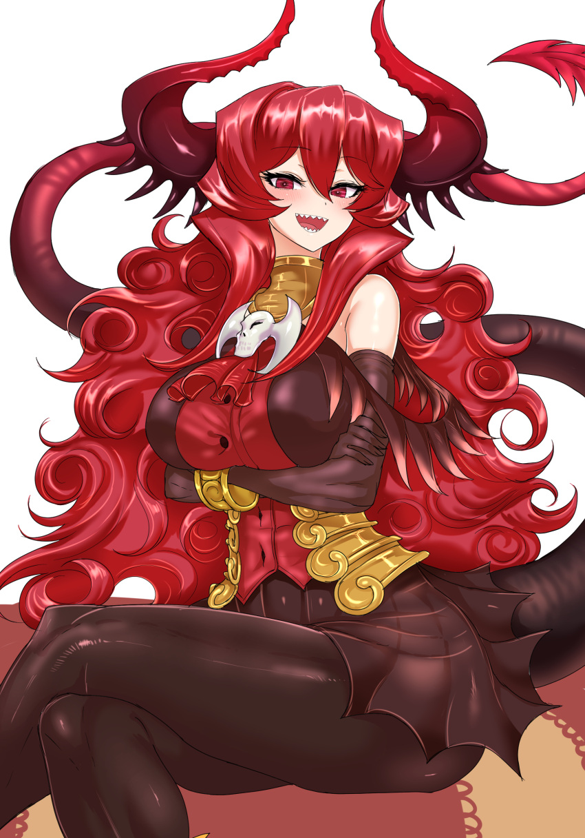 1girl black_legwear black_skirt breasts eyebrows_visible_through_hair feet_out_of_frame hair_between_eyes highres horns large_breasts long_hair maou_beluzel nasuta5mamma open_mouth red_eyes sharp_teeth simple_background sitting skirt smile solo tail teeth very_long_hair white_background yuusha_to_maou
