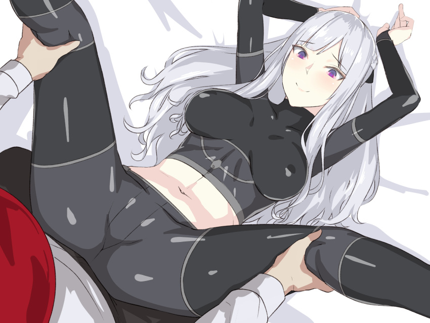 1boy 1girl ak-12_(girls'_frontline) arms_up ass beret black_pants black_shirt blush breasts closed_mouth collarbone covered_nipples crop_top crotch feet_out_of_frame girls'_frontline hands_up hat highres kageshio_(276006) large_breasts leg_grab long_hair long_sleeves lying midriff navel on_back pants purple_eyes red_headwear shirt smile solo_focus spread_legs unusually_open_eyes white_hair white_shirt