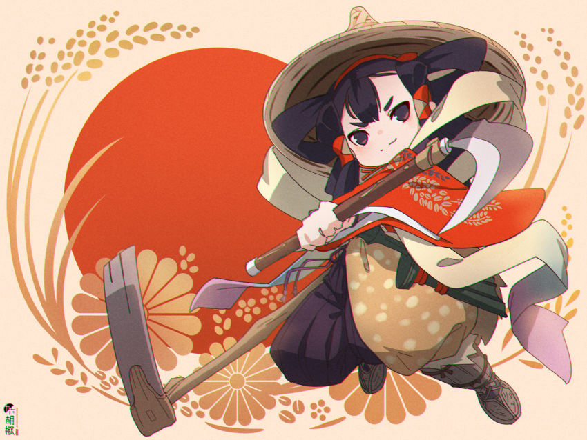 1girl bangs black_hair brown_background brown_footwear brown_headwear closed_mouth commentary_request full_body hair_rings hakama_pants hat highres hoe holding japanese_clothes kimono kuro_kosyou long_sleeves looking_at_viewer pants purple_pants red_background red_eyes red_kimono rice_hat sakuna-hime sickle smile solo tensui_no_sakuna-hime thick_eyebrows two-tone_background v-shaped_eyebrows wide_sleeves