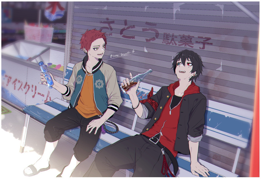 2boys bandana beads bench black_hair bottle glass_bottle harai_kuuko heterochromia highres holding holding_bottle hood hoodie hypnosis_mic jacket letterman_jacket male_focus mole mole_under_eye multiple_boys ramune red_eyes red_hair sandals shade sitting soda_bottle take_bayashi_3d yamada_ichirou_(hypnosis_mic) yellow_eyes zipper_pull_tab