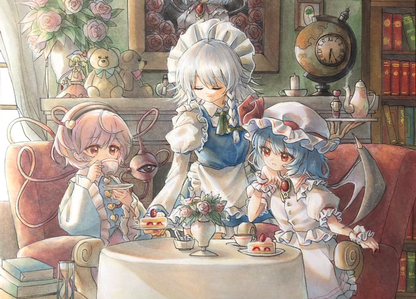 3girls ahoge apron armchair ascot bat_wings black_hairband blouse blue_blouse blue_bow blue_dress blue_hair book bookshelf bouquet bow braid brooch buttons candle chair clock closed_eyes closed_mouth covered_mouth cup curtains dress drinking eyeball eyebrows_visible_through_hair fingernails flandre_scarlet flower food frilled_apron frilled_shirt_collar frilled_sleeves frills globe green_bow green_ribbon hair_bow hairband hat hat_ribbon head_rest heart highres hisako_(6anmbblfnjueeff) hourglass indoors izayoi_sakuya jewelry juliet_sleeves komeiji_satori long_sleeves looking_at_another maid maid_headdress medium_hair mob_cap multiple_girls parted_lips picture_frame pink_bow pink_hair pink_skirt portrait_(object) puffy_short_sleeves puffy_sleeves red_eyes red_nails red_ribbon remilia_scarlet ribbon roman_numeral rose saucer sharp_fingernails short_hair short_sleeves silver_hair sipping sitting skirt smile steam strawberry_shortcake stuffed_animal stuffed_toy table teacup teddy_bear third_eye touhou tray twin_braids vase vial waist_apron white_dress white_headwear wide_sleeves window wings wrist_cuffs