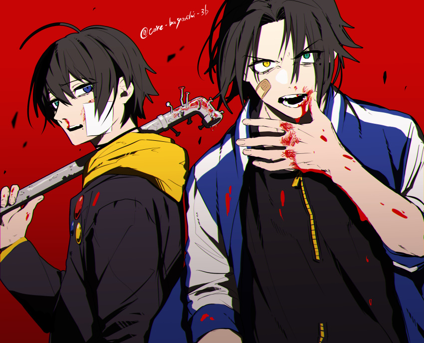 bandaid bandaid_on_face black_hair blood blood_on_face bloody_hands blue_eyes brothers gakuran green_eyes heterochromia highres holding holding_pipe hypnosis_mic jacket letterman_jacket male_focus mole mole_under_eye multiple_boys nosebleed open_mouth pipe red_background school_uniform siblings take_bayashi_3d twitter_username yamada_jirou yamada_saburou