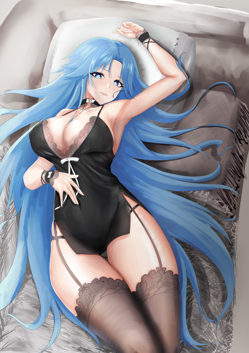 1girl absurdres arm_up armpits azur_lane babydoll bangs bare_shoulders black_babydoll black_choker black_legwear blue_eyes blue_hair blush breasts choker cleavage collarbone commentary_request couch covered_navel cowboy_shot eyebrows_visible_through_hair from_above garter_straps hair_between_eyes heart heart-shaped_pupils highres large_breasts long_hair looking_at_viewer lying mippei29 official_alternate_costume on_back parted_bangs parted_lips partial_commentary pillow shadow sidelocks sleepwear smile solo sovetskaya_belorussiya_(azur_lane) sovetskaya_belorussiya_(relaxation_stratagem)_(azur_lane) symbol-shaped_pupils thigh_gap thighhighs very_long_hair wrist_wrap
