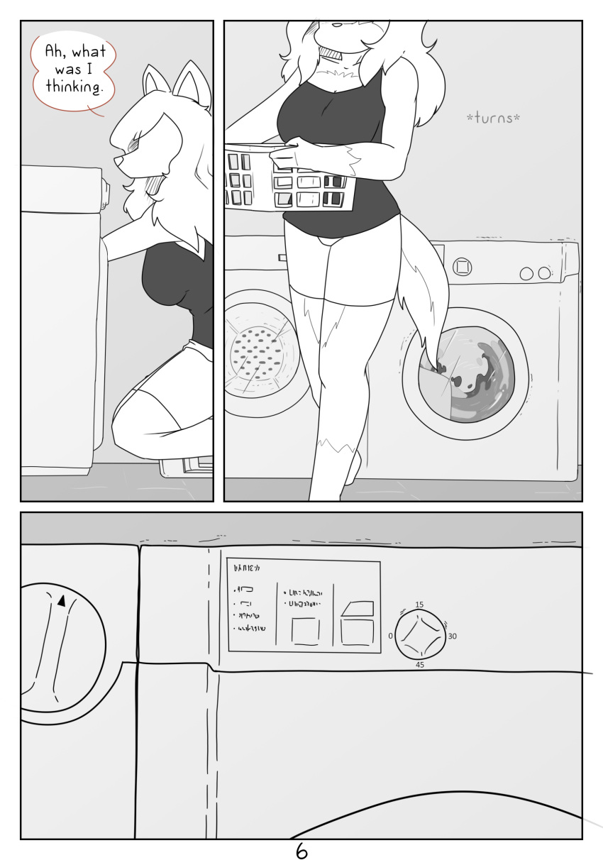absurd_res anthro blank_expression canid canine canisfidelis clothed clothing comic dial dialogue english_text female hi_res laundry laundry_basket mammal monochrome seashell_(canisfidelis) solo text walking washing_machine