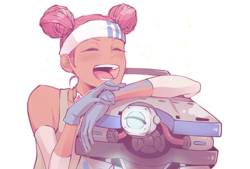 1girl ^_^ apex_legends arm_tattoo blue_gloves blush bungaw closed_eyes d.o.c._health_drone dark_skin dark_skinned_female detached_sleeves double_bun drone gloves headband highres laughing lifeline_(apex_legends) mask_around_neck pink_hair science_fiction smile solo_focus tattoo white_background white_headband
