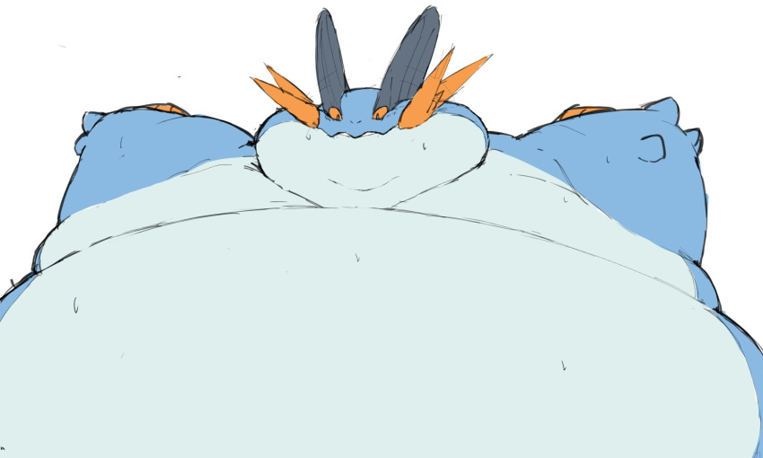 5:3 amphibian anthro belly blue_body blue_skin feral fin hi_res male morbidly_obese nintendo obese overweight pok&eacute;mon pok&eacute;mon_(species) simple_background solo swampert video_games weight_gain white_belly white_body white_skin zephy_03