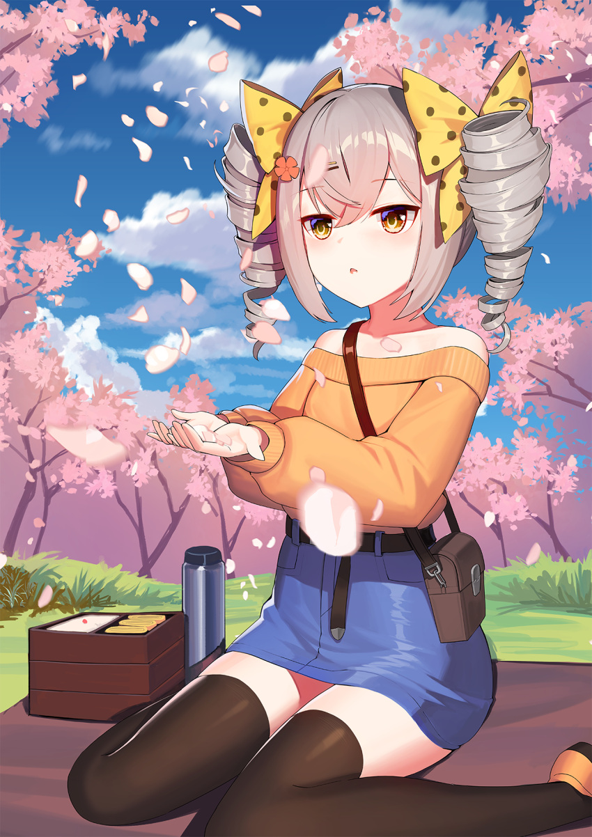 1girl :o bag bangs bare_shoulders black_legwear blue_skirt blue_sky bow bronya_zaychik brown_eyes brown_footwear brown_sweater cloud cloudy_sky collarbone commentary_request day drill_hair eyebrows_visible_through_hair flower grey_hair hair_between_eyes hair_bow hair_flower hair_ornament hanami highres honkai_(series) honkai_impact_3rd long_sleeves obentou off-shoulder_sweater off_shoulder outdoors parted_lips petals pink_flower polka_dot polka_dot_bow puffy_long_sleeves puffy_sleeves red_flower shoes shoulder_bag sidelocks sitting skirt sky sleeves_past_wrists solo sweater thermos thighhighs tree twin_drills twintails unidentified_nk wariza yellow_bow