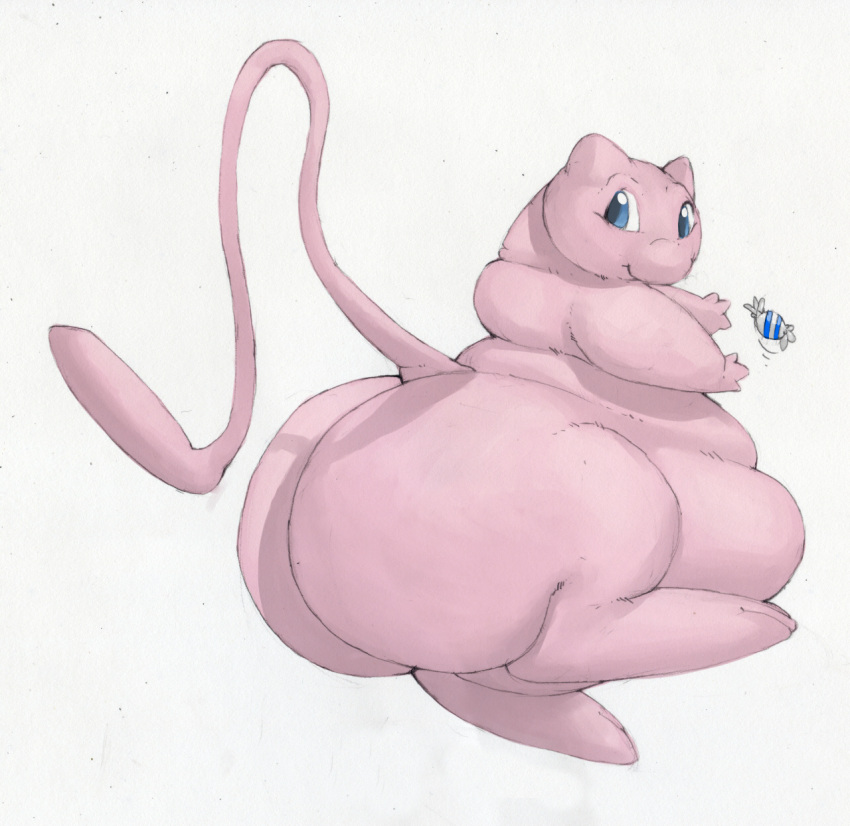 ambiguous_gender arkveveen_(artist) blue_eyes bubble_butt butt candy colored dessert feral floating food hi_res legendary_pok&eacute;mon looking_back mew nintendo overweight pink_body pok&eacute;mon pok&eacute;mon_(species) simple_background solo thick_hips thick_thighs video_games