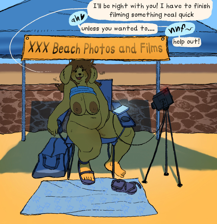 2020 anthro beach belly breasts brown_hair camera canid canine canis clothed clothing dialogue domestic_dog english_text exposed_breasts feet female footwear hair hi_res humanoid_feet kaboozey lilia_(kaboozey) mammal masturbation nipples overweight overweight_anthro overweight_female public_masturbation raised_clothing raised_topwear recording sandals seaside shadow sitting solo talking_to_viewer text topwear vaginal vaginal_masturbation yellow_body