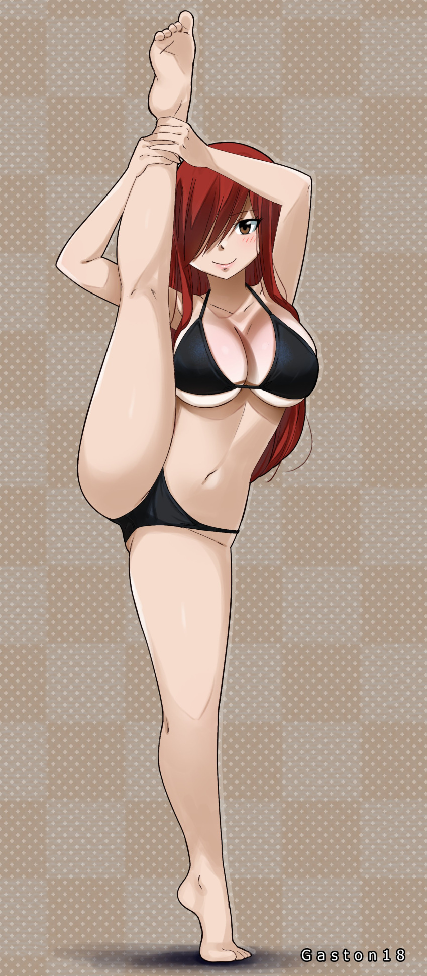 1girl absurdres bikini black_bikini blush breasts brown_eyes erza_scarlet fairy_tail feet gaston18 highres large_breasts looking_at_viewer navel red_hair simple_background solo swimsuit thighs