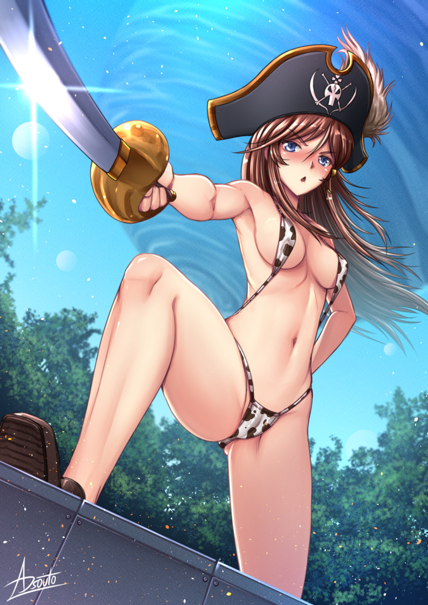 1girl adsouto animal_print armpits black_headwear blue_eyes blue_sky blush breasts brown_hair cameltoe cow_print day eyebrows_visible_through_hair floating_hair from_below hair_between_eyes hand_on_hip hat hat_feather highres holding holding_sword holding_weapon katou_marika long_hair medium_breasts miniskirt_pirates moon navel outdoors pirate_hat saber_(weapon) shiny shiny_hair sideboob signature sky slingshot_swimsuit solo swimsuit sword triangle_mouth v-shaped_eyebrows weapon